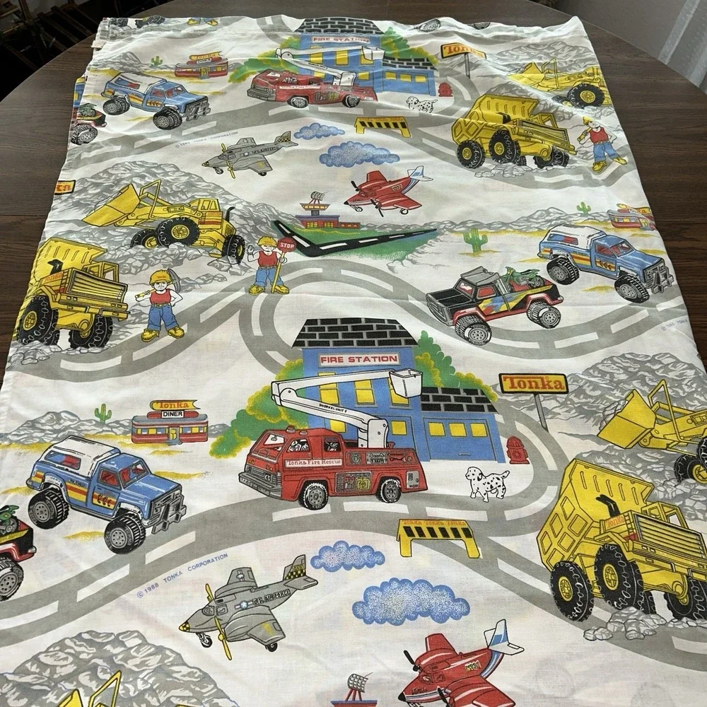 Vintage Tonka Truck Flat And Fitted Sheet Set Construction Planes Fire trucks